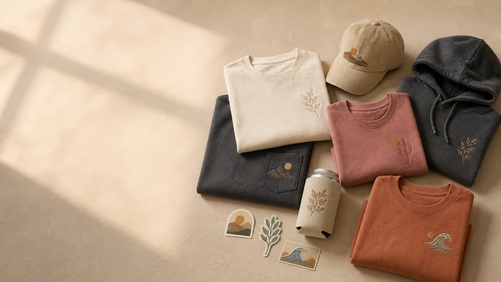 Illustrative assortment of shirts, a hat, a hoodie, a koozie, and stickers